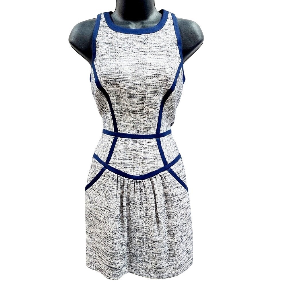 Milly of New York Textured Tweed Sleeveless Dress Navy Blue Piping Size 2